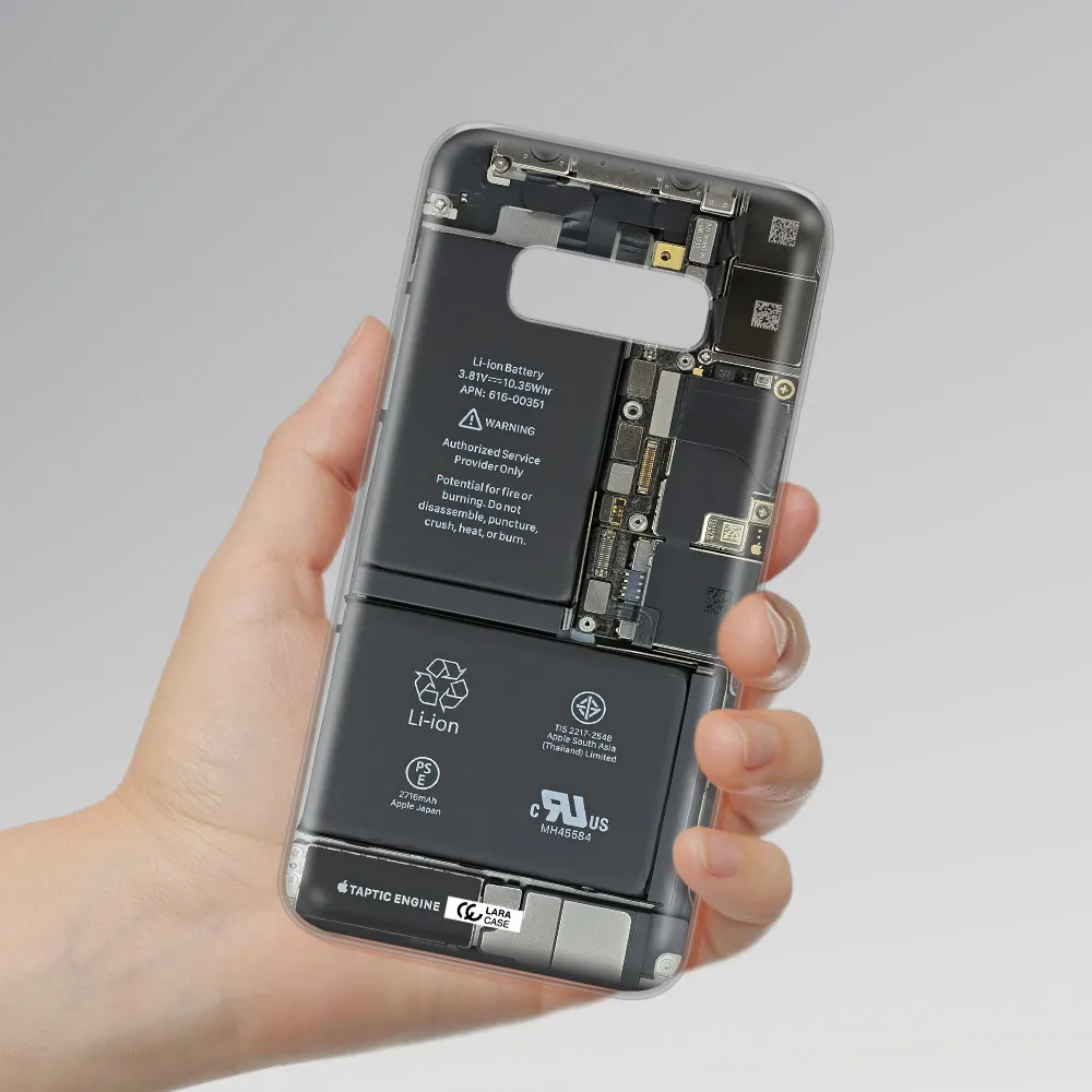 A Close-Up Of A Cell Phone Battery Samsung S10E Clear Tpu Case