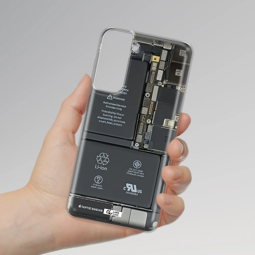 A Close-Up Of A Cell Phone Battery Samsung S21 Fe Clear Tpu Case