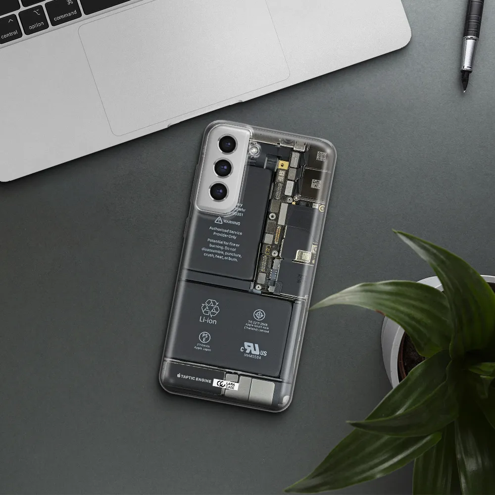 A Close-Up Of A Cell Phone Battery Samsung S21 Fe Clear Tpu Case