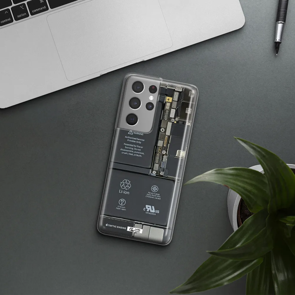 A Close-Up Of A Cell Phone Battery Samsung S21 Ultra Clear Tpu Case