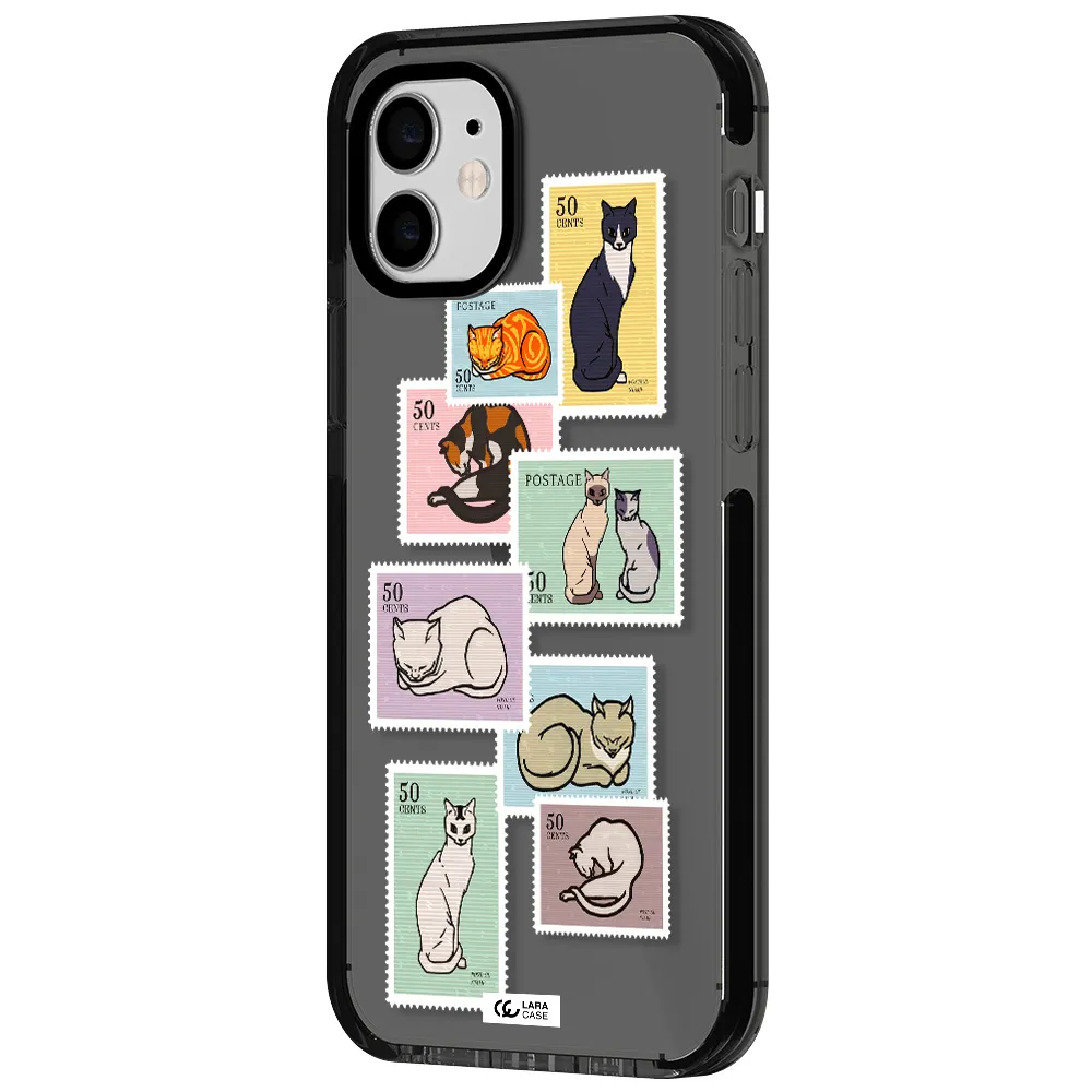 a collage of cats on stamps Apple iPhone 11 impact Smoke Black Case