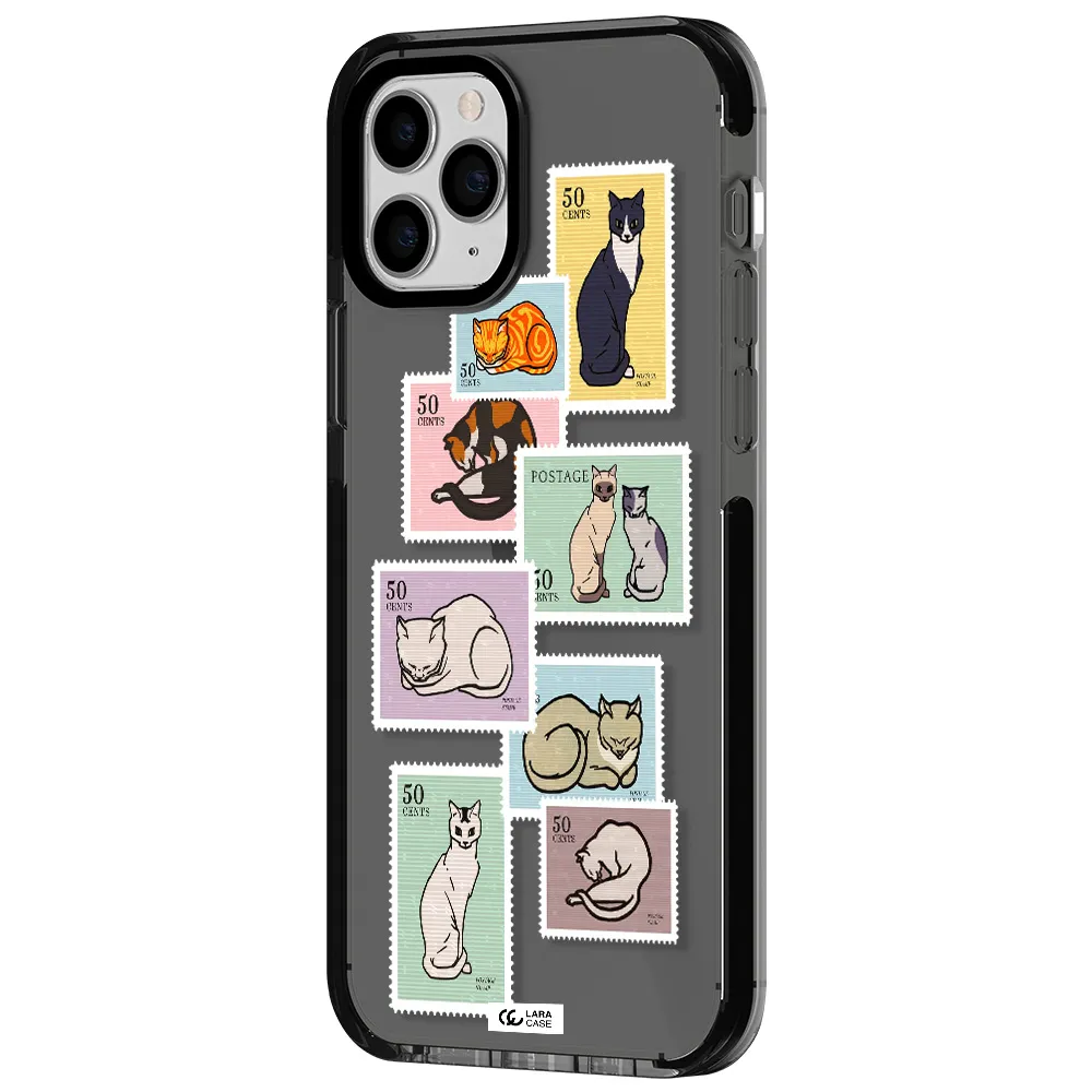 a collage of cats on stamps Apple iPhone 11 pro max impact Smoke Black Case
