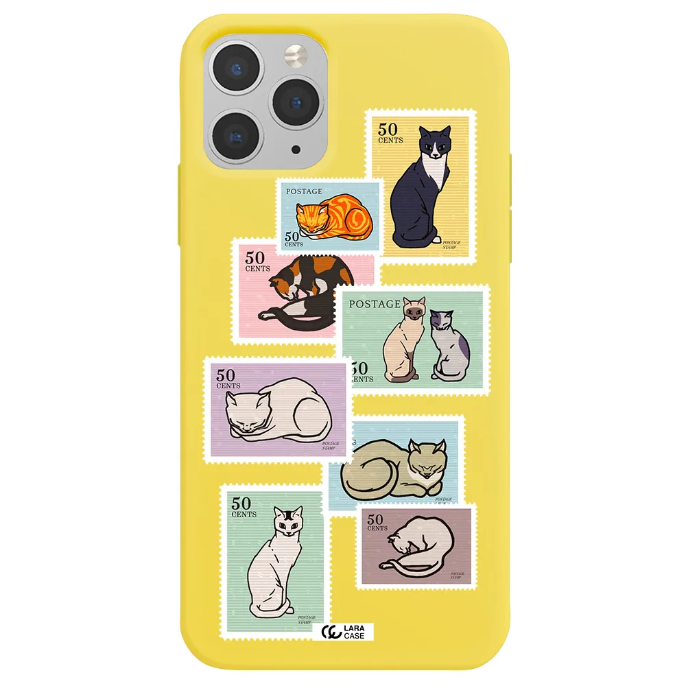 a collage of cats on stamps Apple iPhone 11 pro max Silicone canary yellow Case