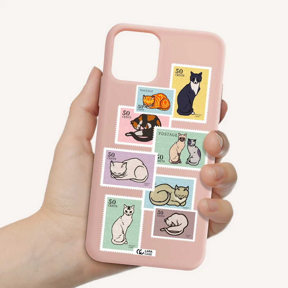 a collage of cats on stamps Apple iPhone 11 pro max Silicone pastel pink Case