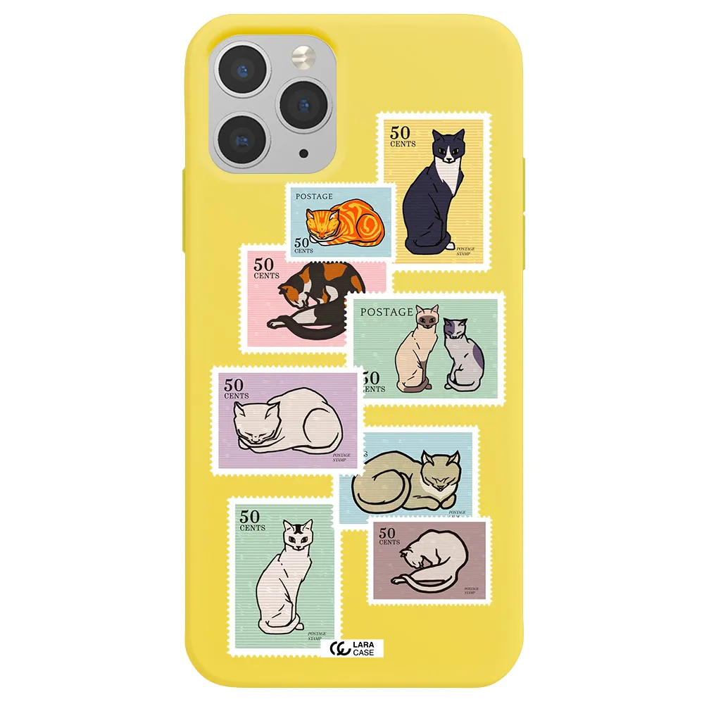 a collage of cats on stamps Apple iPhone 11 pro Silicone canary yellow Case