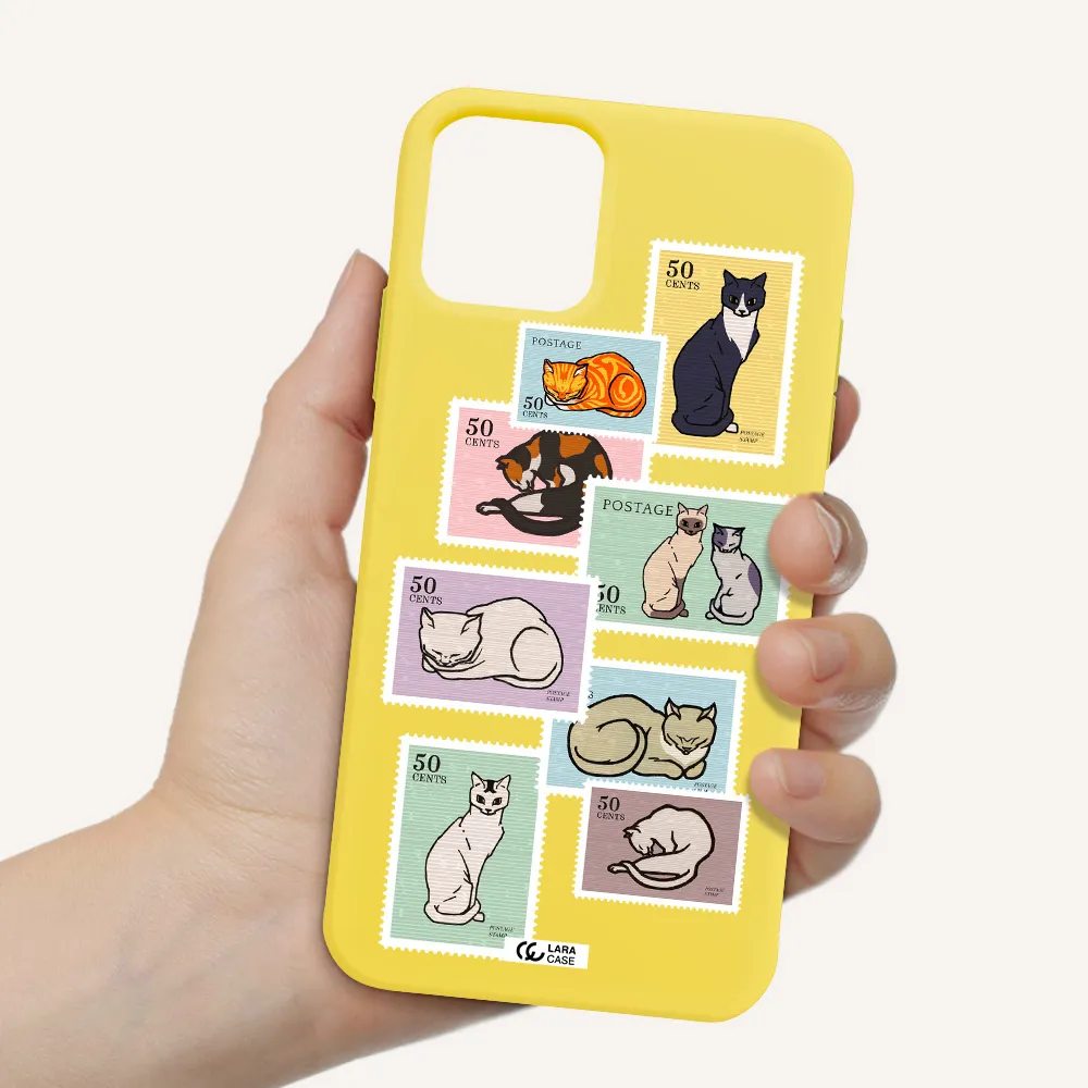 a collage of cats on stamps Apple iPhone 11 pro Silicone canary yellow Case