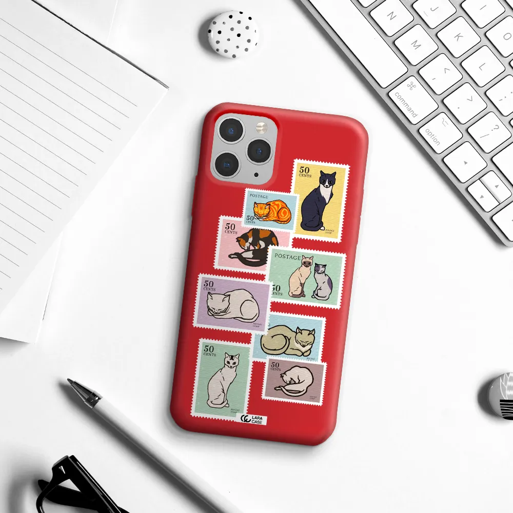 a collage of cats on stamps Apple iPhone 11 pro Silicone Imperial Red Case