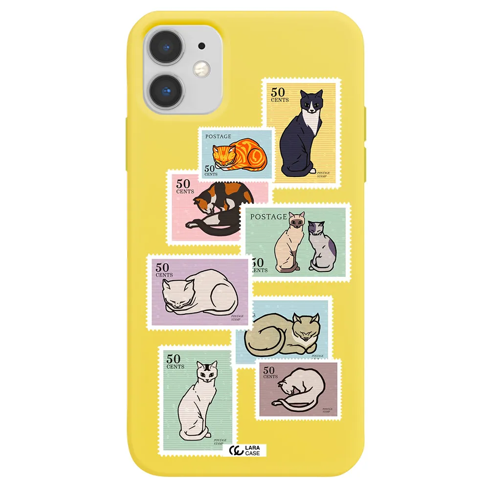 a collage of cats on stamps Apple iPhone 11 Silicone canary yellow Case