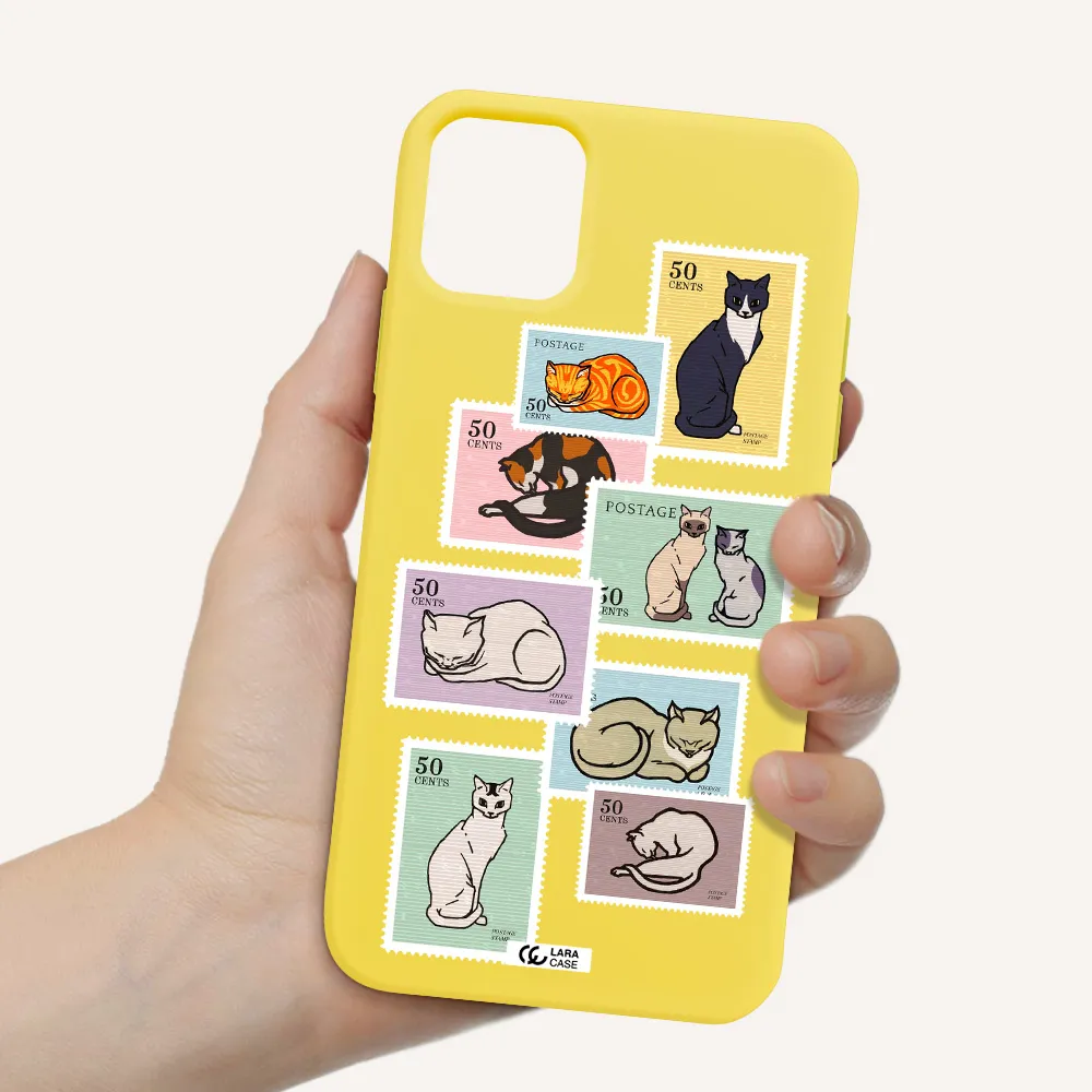 a collage of cats on stamps Apple iPhone 11 Silicone canary yellow Case