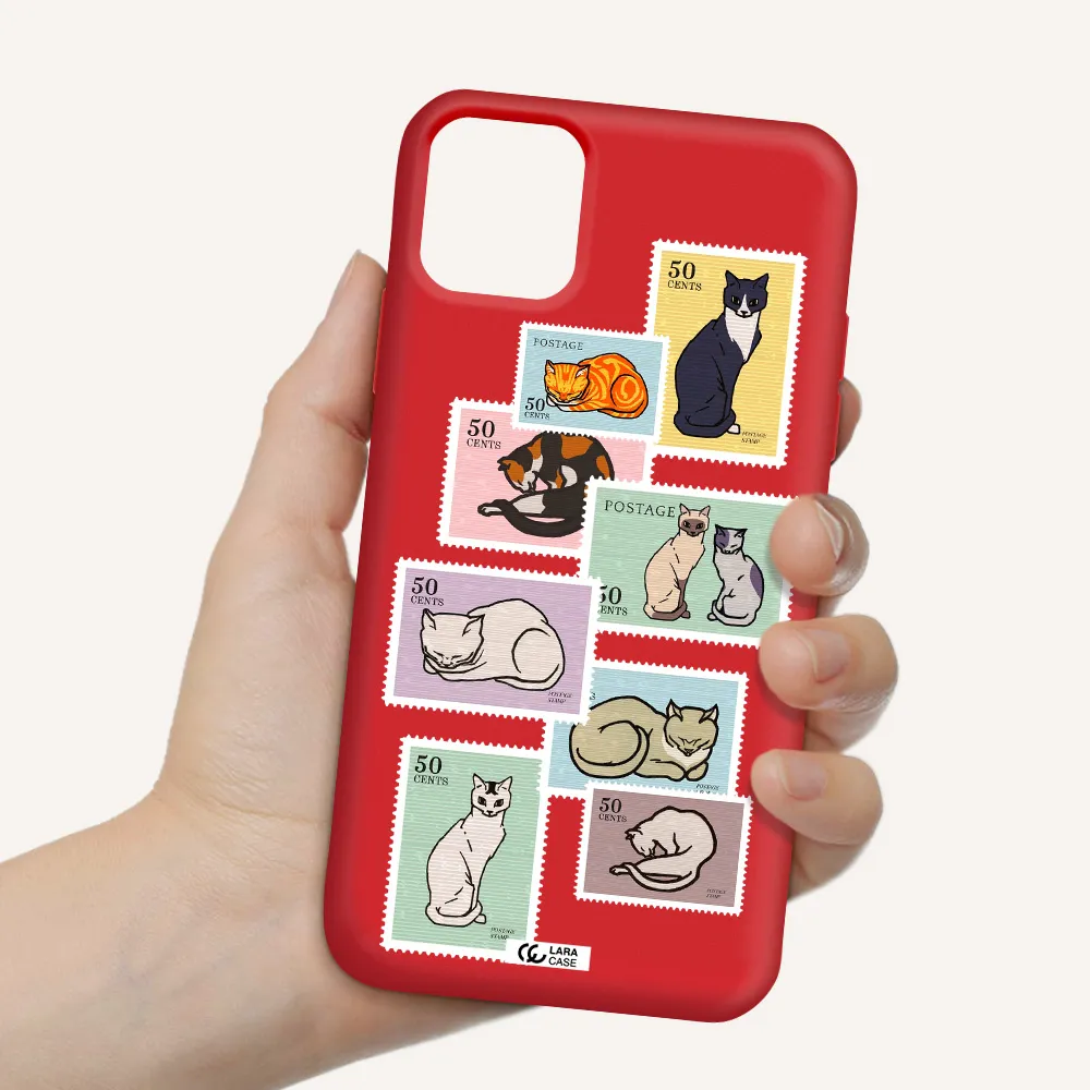 a collage of cats on stamps Apple iPhone 11 Silicone Imperial Red Case
