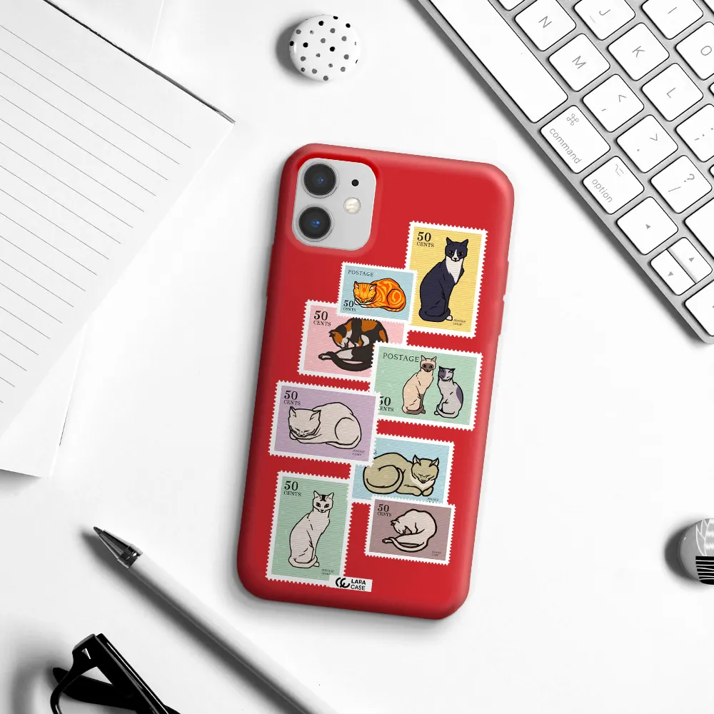 a collage of cats on stamps Apple iPhone 11 Silicone Imperial Red Case
