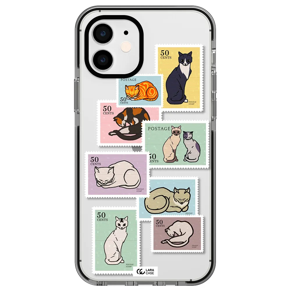 a collage of cats on stamps Apple iPhone 12 impact black border Case