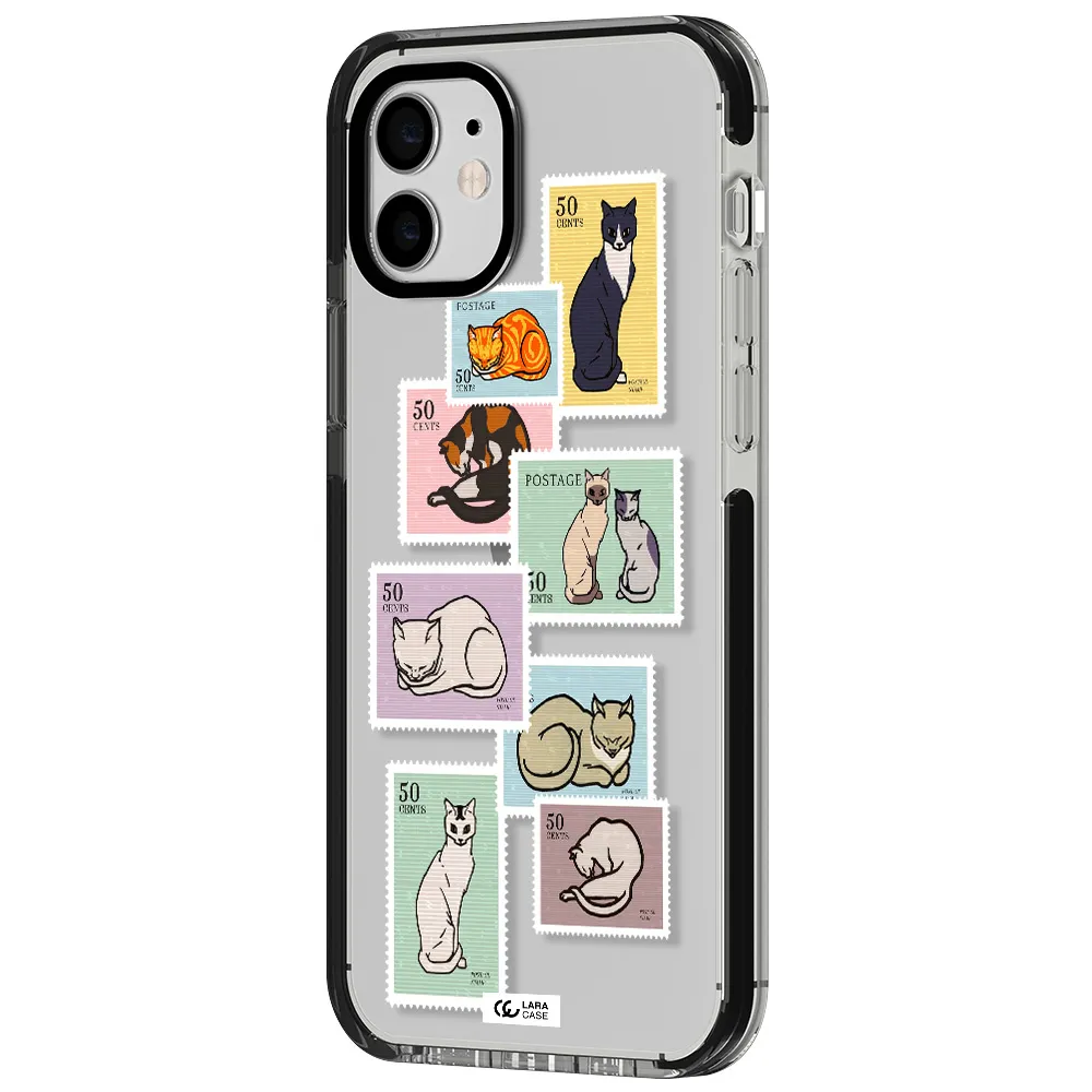 a collage of cats on stamps Apple iPhone 12 impact black border Case