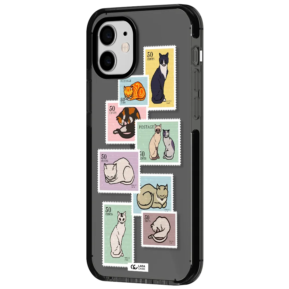 a collage of cats on stamps Apple iPhone 12 impact Smoke Black Case