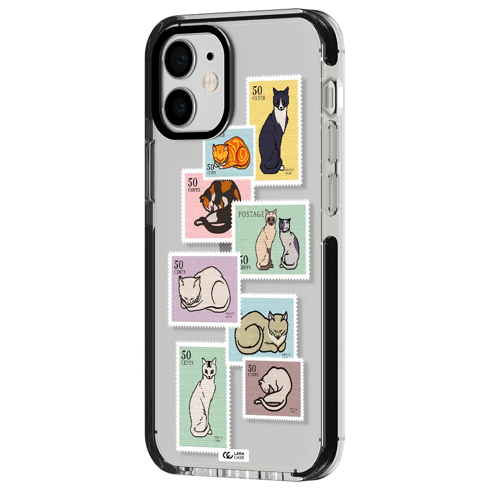 a collage of cats on stamps Apple iPhone 12 mini impact black border Case