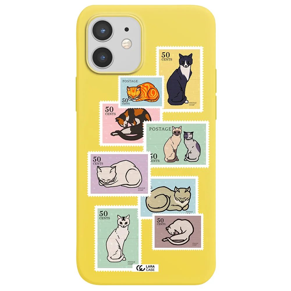 a collage of cats on stamps Apple iPhone 12 mini Silicone canary yellow Case