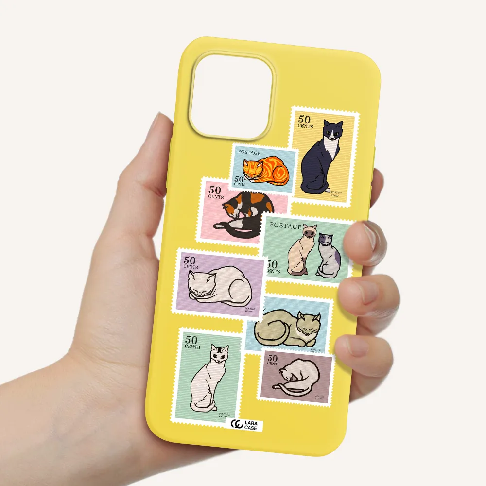 a collage of cats on stamps Apple iPhone 12 mini Silicone canary yellow Case