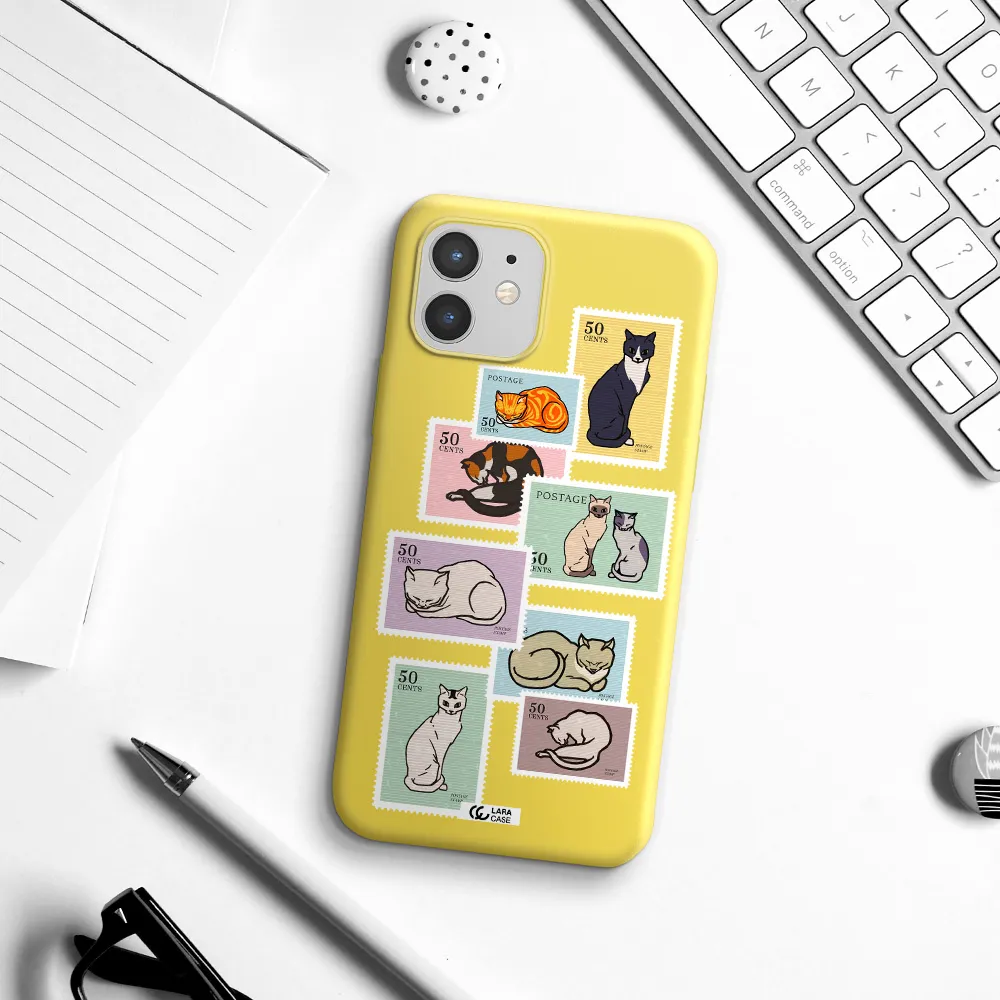 a collage of cats on stamps Apple iPhone 12 mini Silicone canary yellow Case