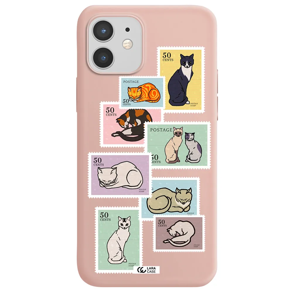 a collage of cats on stamps Apple iPhone 12 mini Silicone pastel pink Case