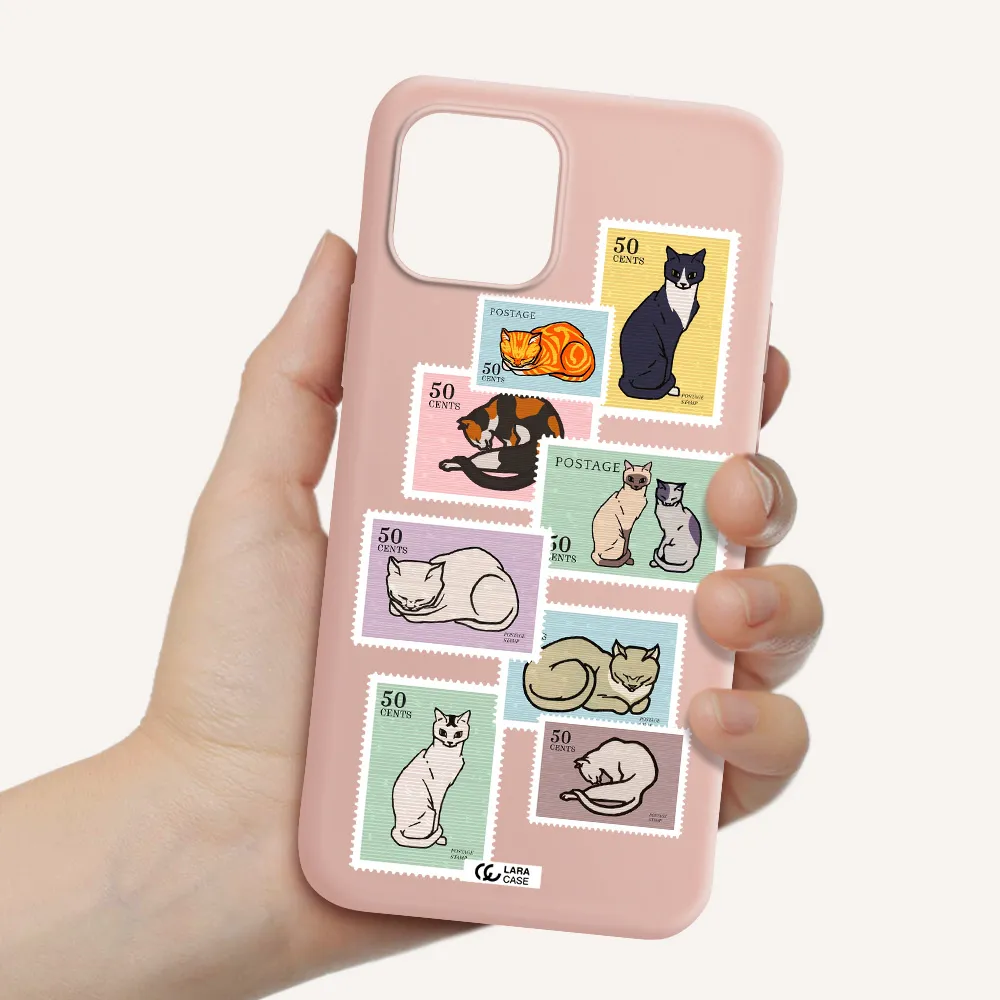 a collage of cats on stamps Apple iPhone 12 mini Silicone pastel pink Case