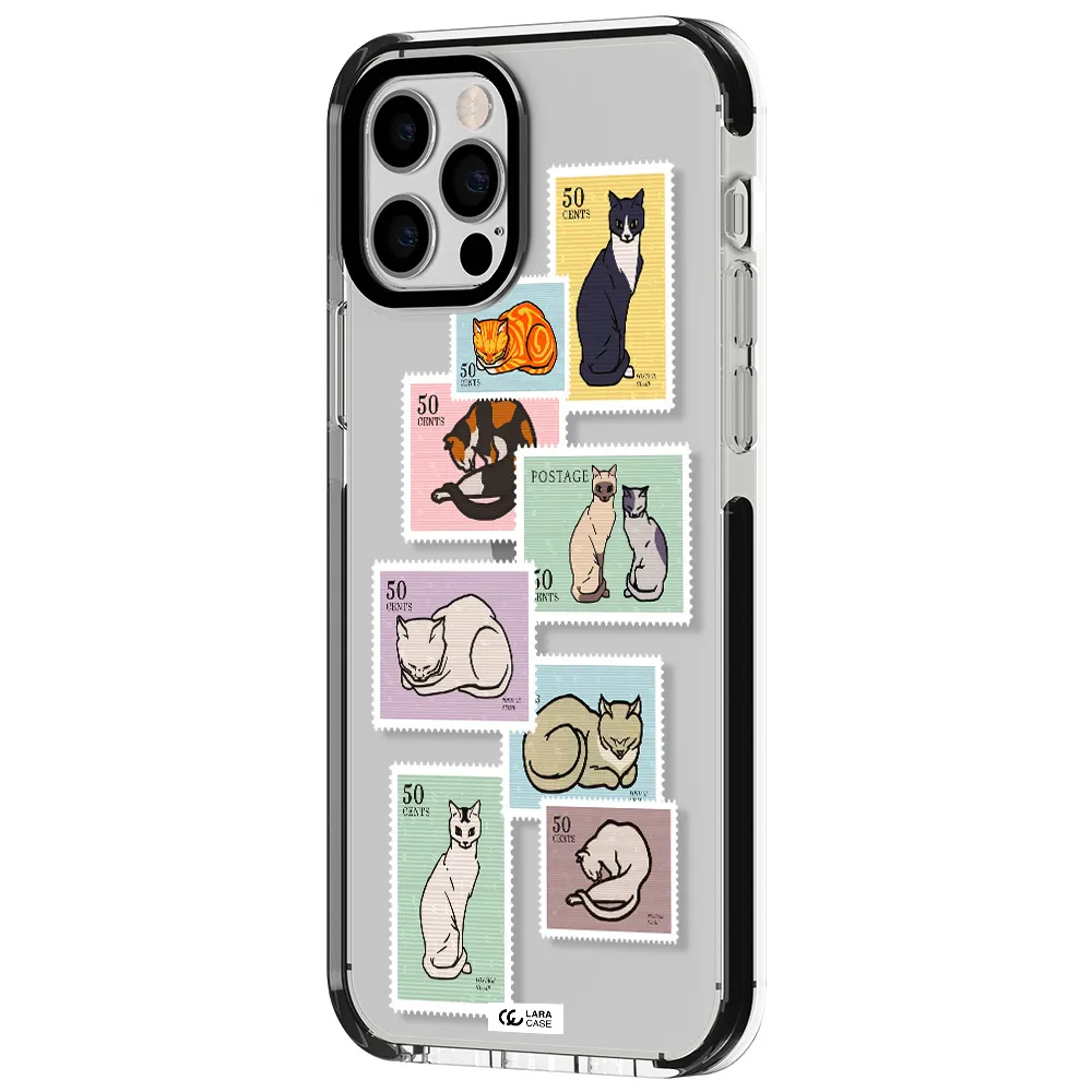 a collage of cats on stamps Apple iPhone 12 pro impact black border Case