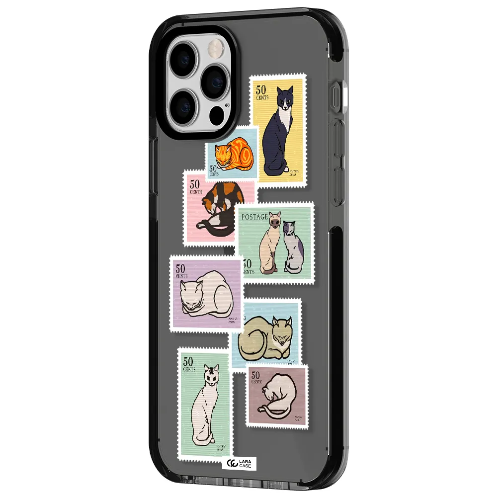 a collage of cats on stamps Apple iPhone 12 pro impact Smoke Black Case