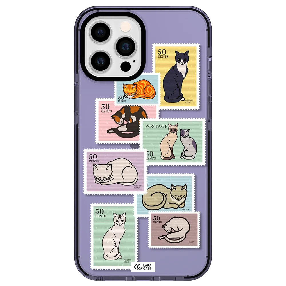 a collage of cats on stamps Apple iPhone 12 pro max impact Lilac Case