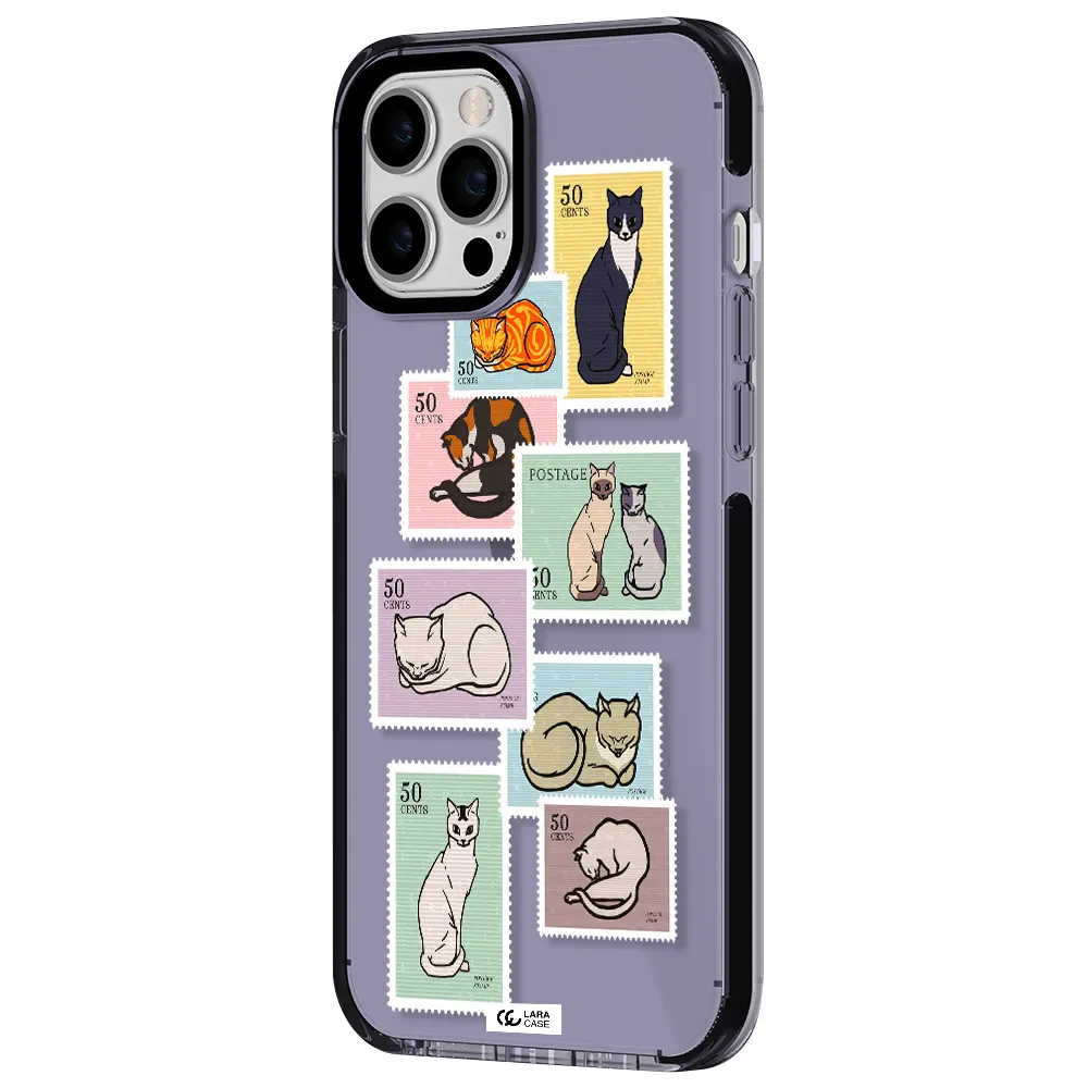a collage of cats on stamps Apple iPhone 12 pro max impact Lilac Case