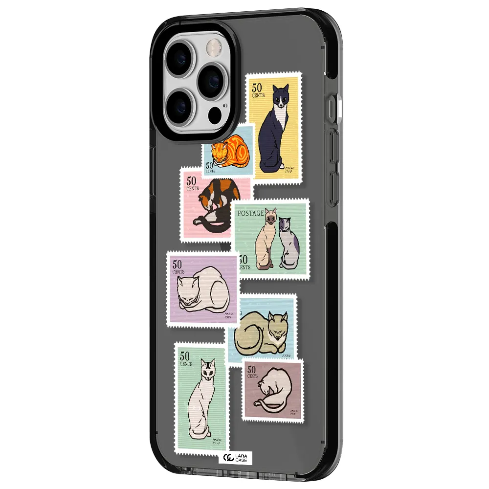 a collage of cats on stamps Apple iPhone 12 pro max impact Smoke Black Case