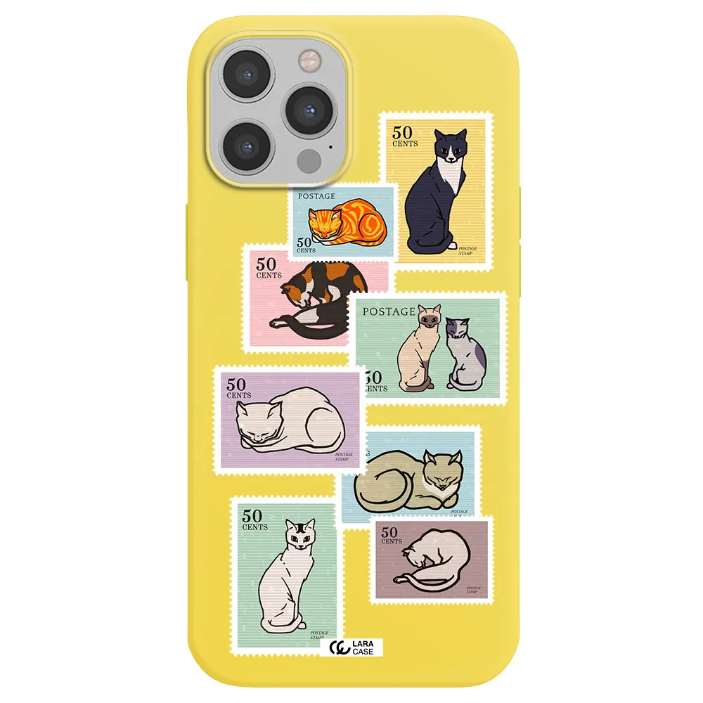 a collage of cats on stamps Apple iPhone 12 pro max Silicone canary yellow Case