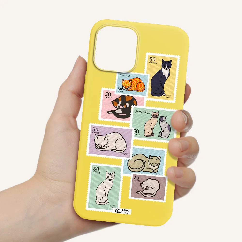 a collage of cats on stamps Apple iPhone 12 pro max Silicone canary yellow Case