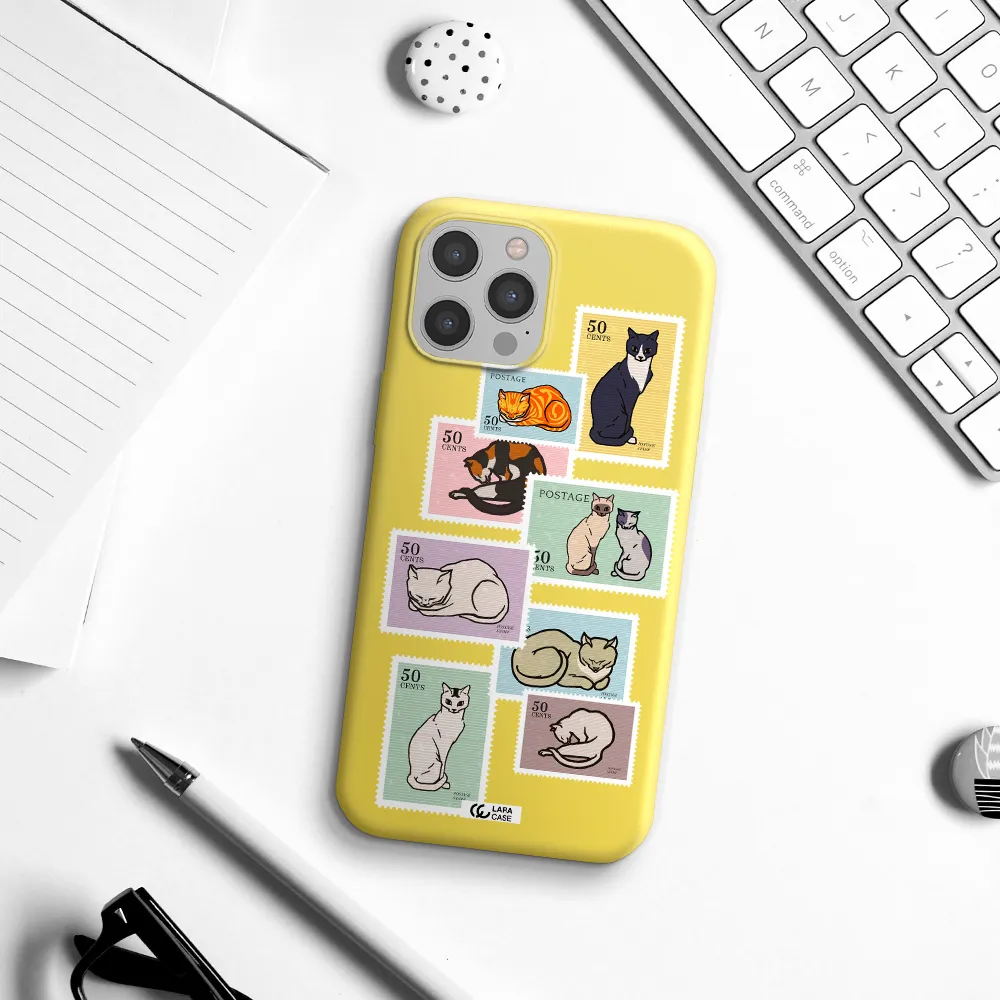 a collage of cats on stamps Apple iPhone 12 pro max Silicone canary yellow Case