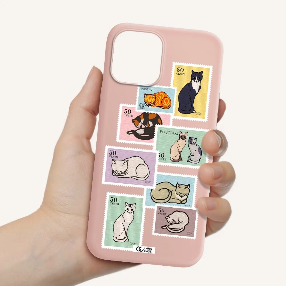 a collage of cats on stamps Apple iPhone 12 pro max Silicone pastel pink Case