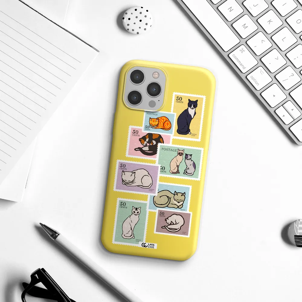 a collage of cats on stamps Apple iPhone 12 pro Silicone canary yellow Case