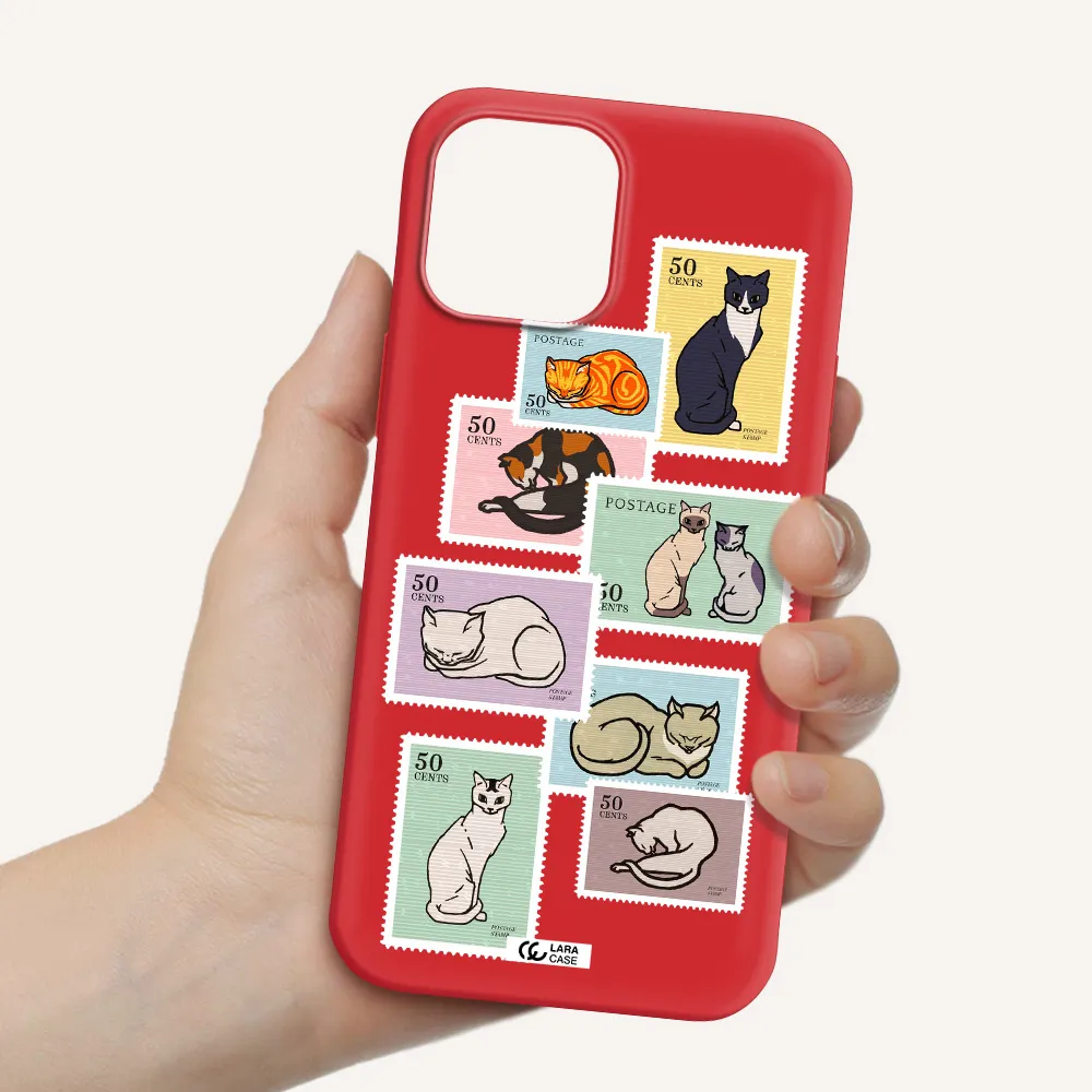 a collage of cats on stamps Apple iPhone 12 pro Silicone Imperial Red Case