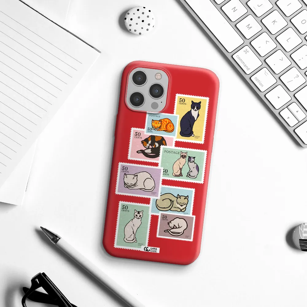 a collage of cats on stamps Apple iPhone 12 pro Silicone Imperial Red Case