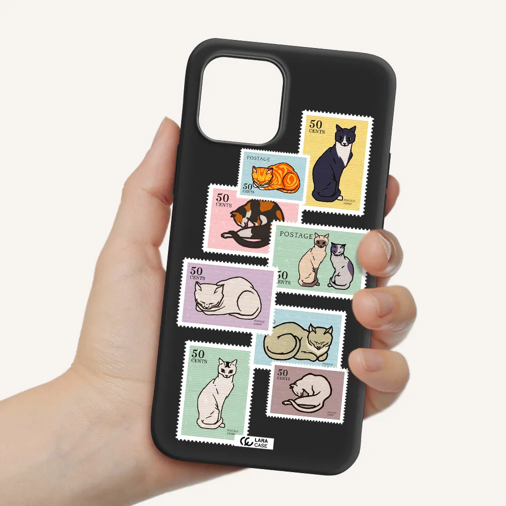 a collage of cats on stamps Apple iPhone 12 Silicone black Case