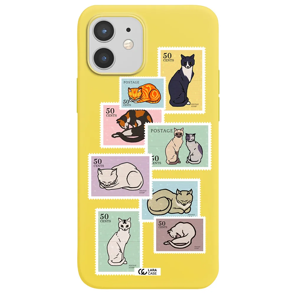 a collage of cats on stamps Apple iPhone 12 Silicone canary yellow Case