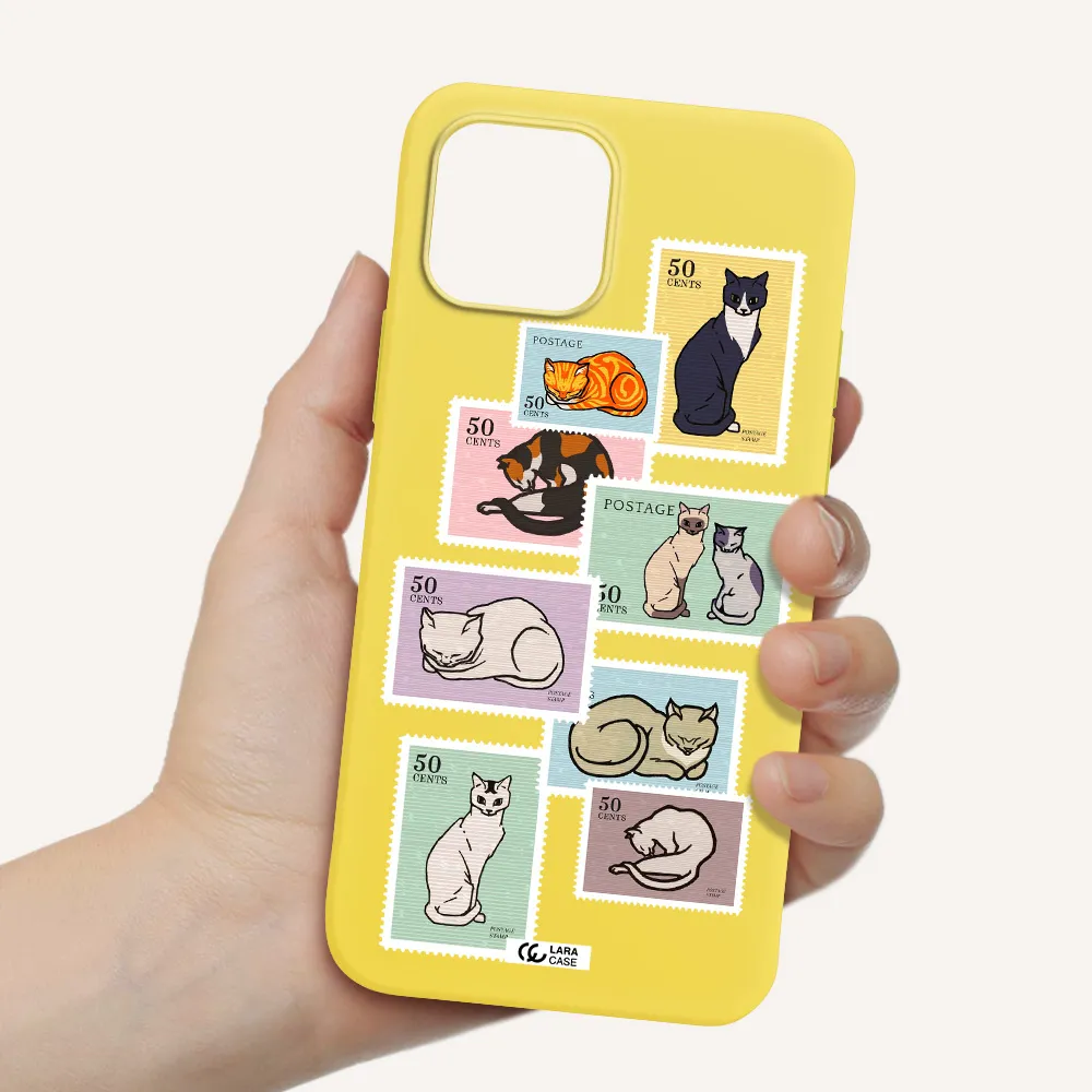 a collage of cats on stamps Apple iPhone 12 Silicone canary yellow Case