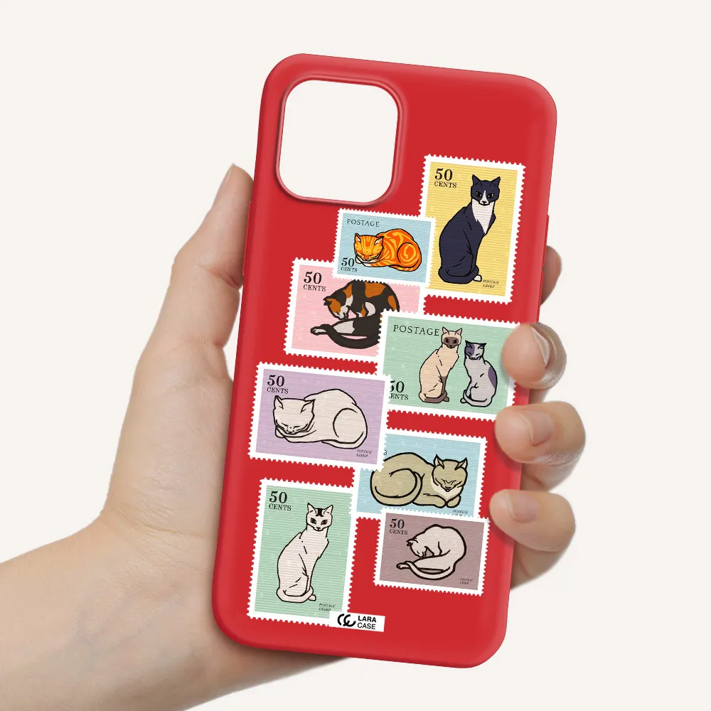 a collage of cats on stamps Apple iPhone 12 Silicone Imperial Red Case
