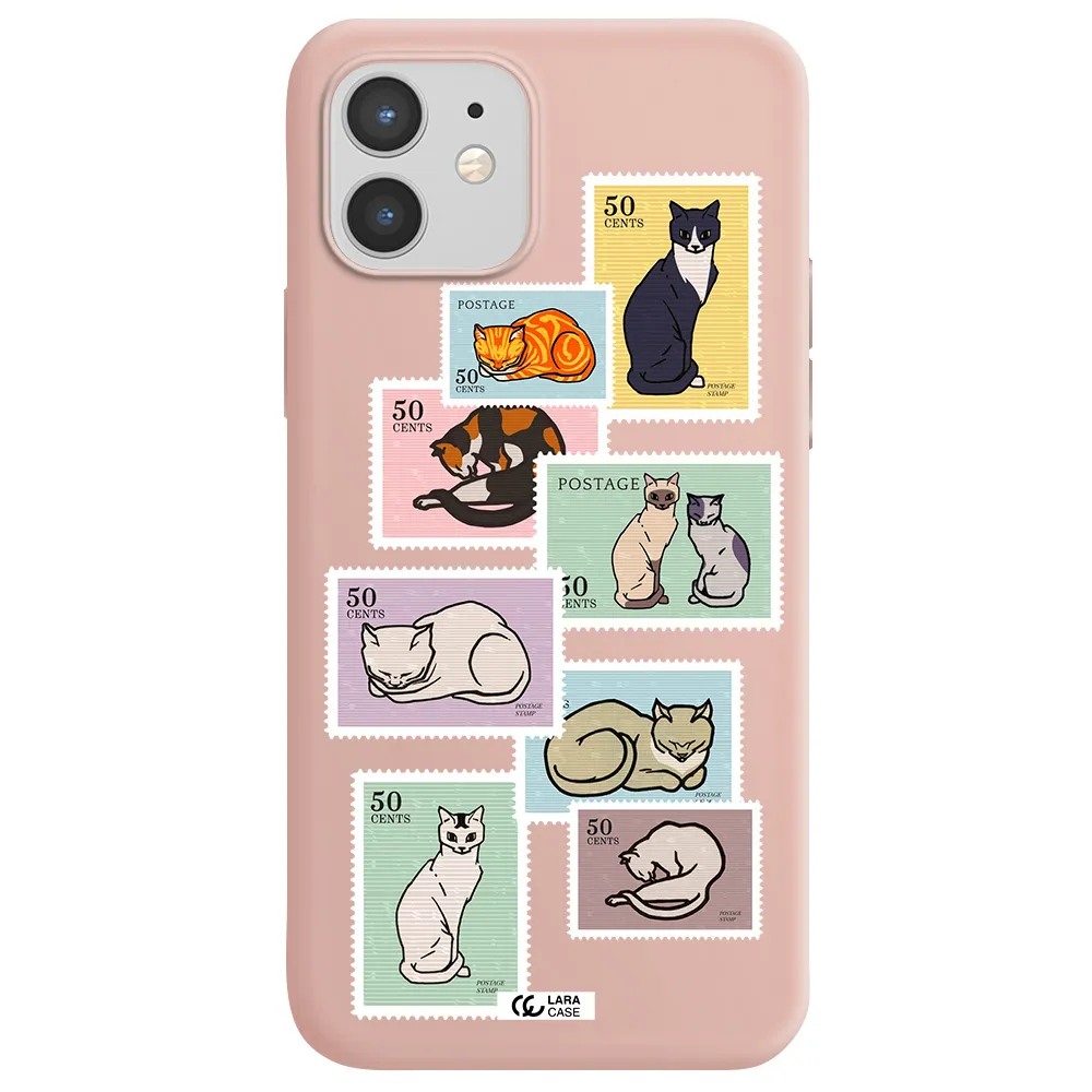 a collage of cats on stamps Apple iPhone 12 Silicone pastel pink Case