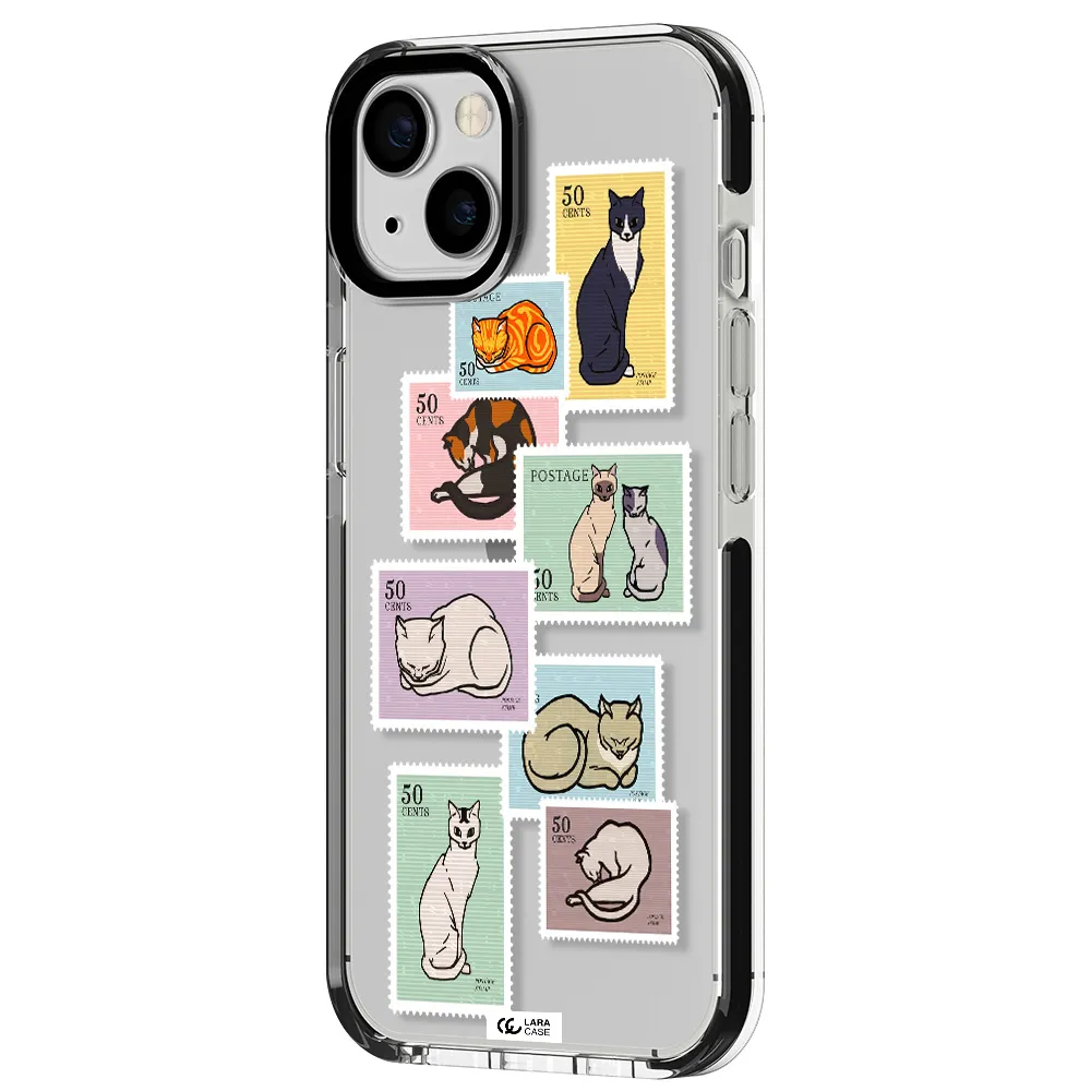 a collage of cats on stamps Apple iPhone 13 impact black border Case