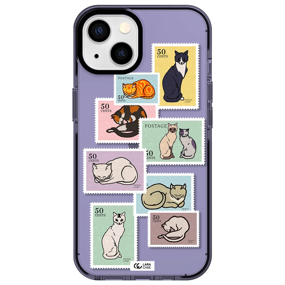 a collage of cats on stamps Apple iPhone 13 impact Lilac Case