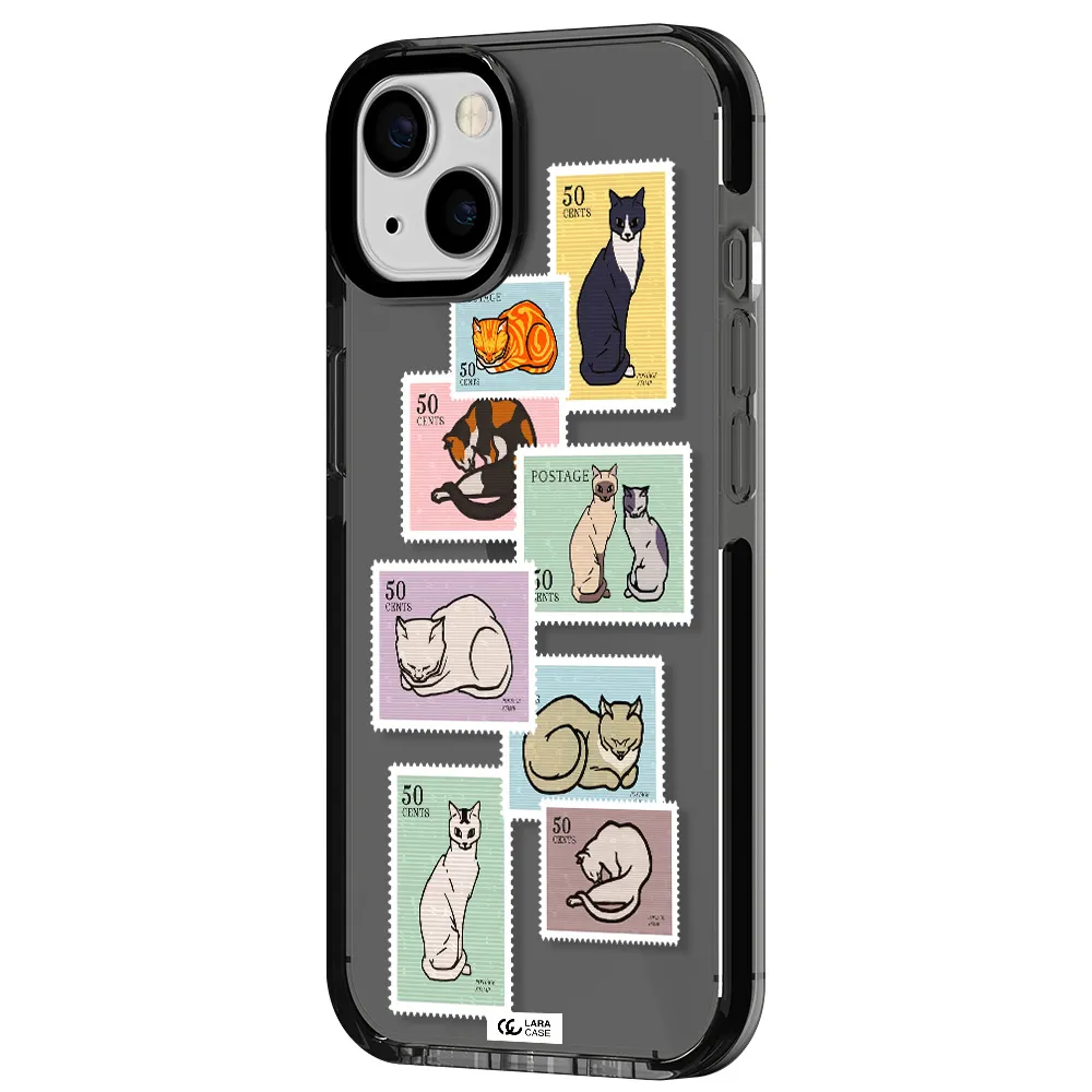 a collage of cats on stamps Apple iPhone 13 impact Smoke Black Case
