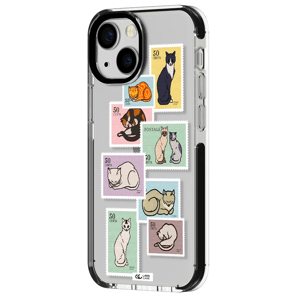 a collage of cats on stamps Apple iPhone 13 mini impact black border Case