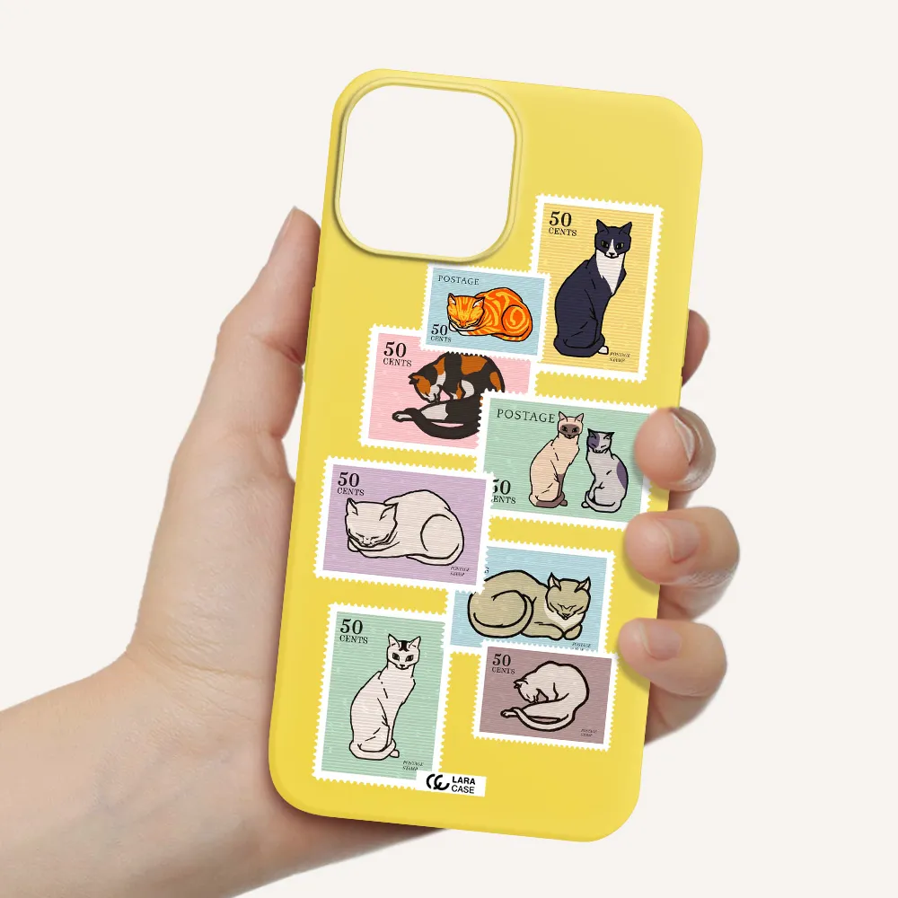 a collage of cats on stamps Apple iPhone 13 mini Silicone canary yellow Case