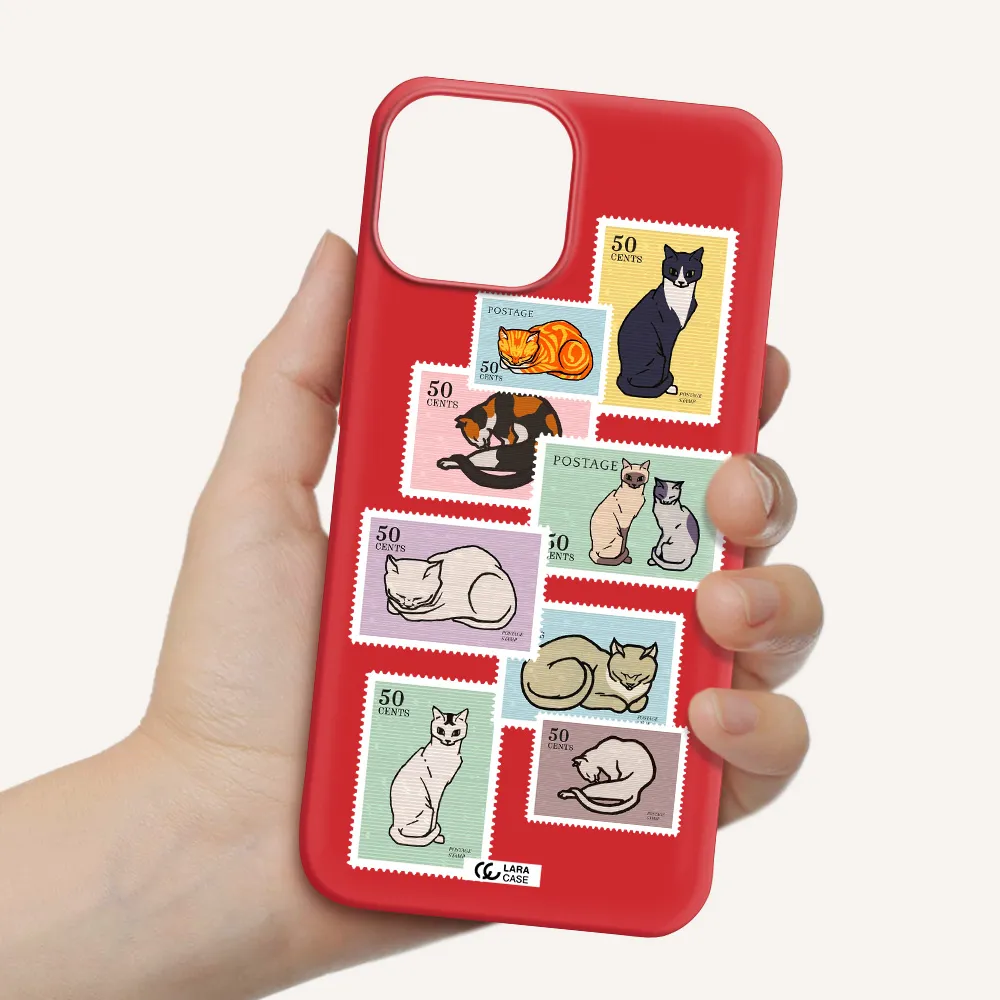 a collage of cats on stamps Apple iPhone 13 mini Silicone Imperial Red Case