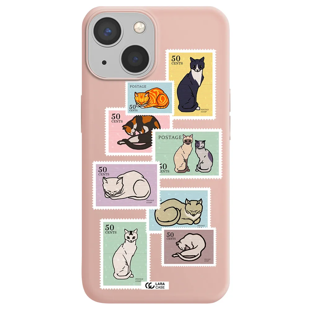 a collage of cats on stamps Apple iPhone 13 mini Silicone pastel pink Case