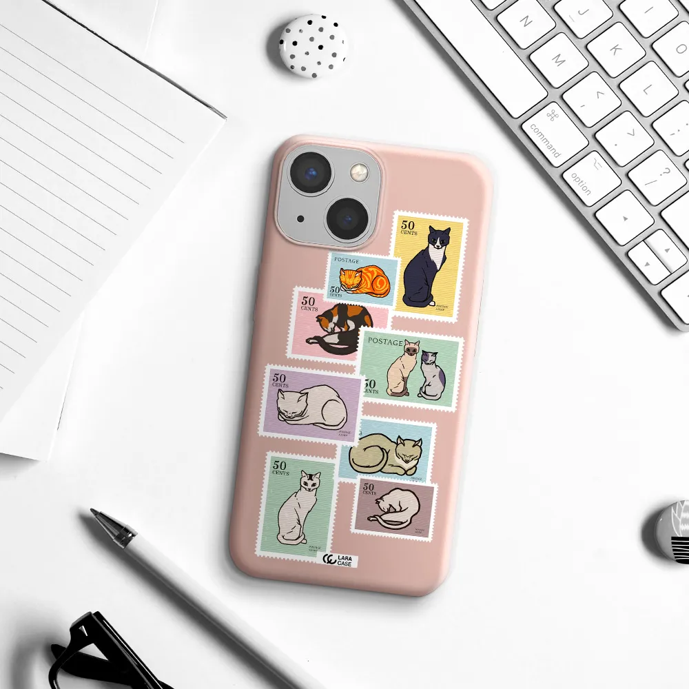 a collage of cats on stamps Apple iPhone 13 mini Silicone pastel pink Case