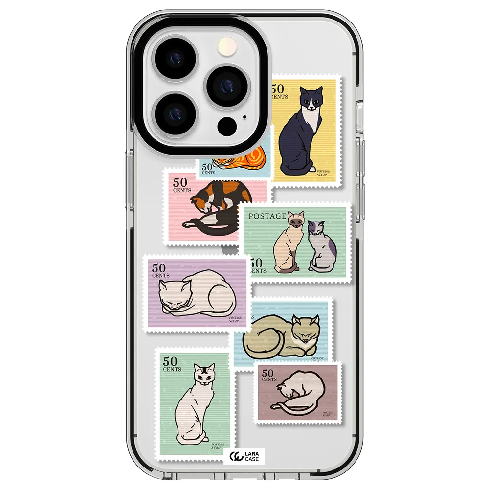 a collage of cats on stamps Apple iPhone 13 Pro impact black border Case
